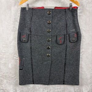 Sportalm Kitzbuhel Grey Boiled Wool Pencil Skirt L Red Trim Austria 42 Alpine